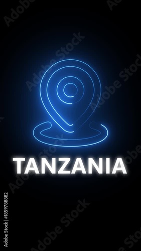 Neon blue location pin icon with the word TANZANIA in white text on a dark background Tanzania