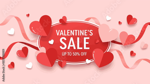 Valentine's Day Sale Banner with Hearts and Ribbons.