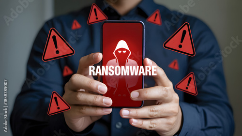 Mobile phone ransomware attack concept with hacker icon and red warning alerts representing a cybersecurity threat illustration.