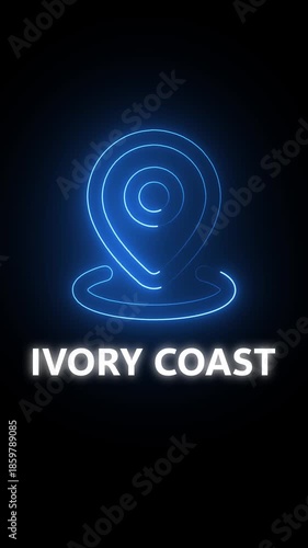 Neon blue location pin icon with the words IVORYCOAST in white text on a dark background Ivory Coast