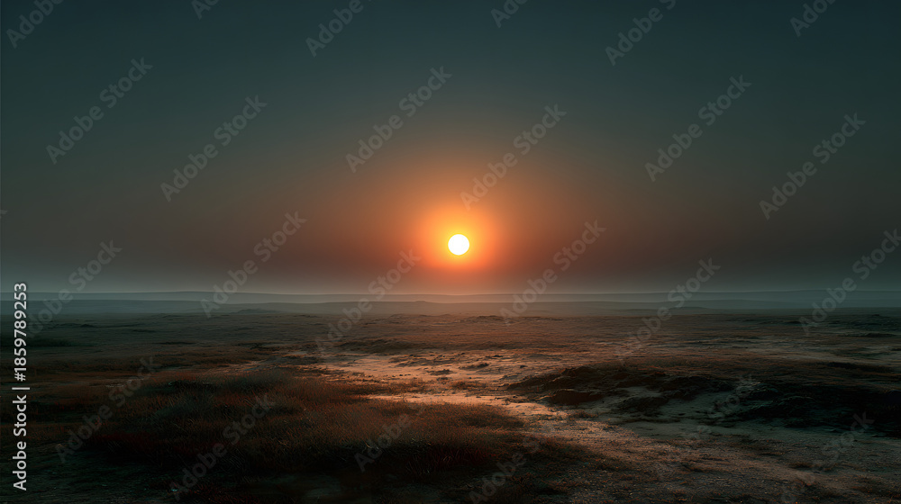 Obraz premium Sun hovering above horizon in uncluttered minimal landscape 