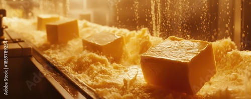Forming butter blocks in a food processing line.