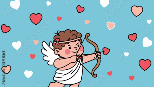 Cartoon illustration of Cupid shooting a heart-shaped arrow surrounded by floating hearts.