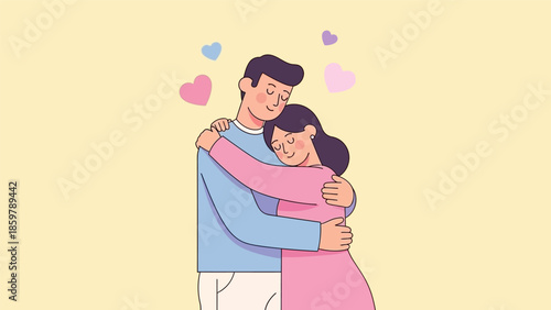 Illustration of a loving couple embracing with hearts around them.