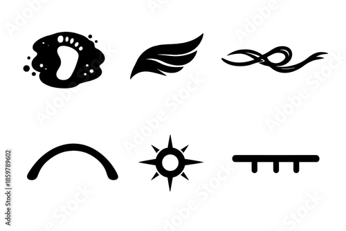 Solid Style Icons. Solid style icons of Soft Imprint: sand mark, drift wing, flowing thread, soft arc, luminous node, grounded
