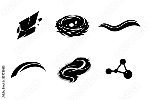 Subtle Fragmentation Icons. Solid style icons of Subtle Fragmentation: air shard, light nest, flowing line, soft arc, luminous