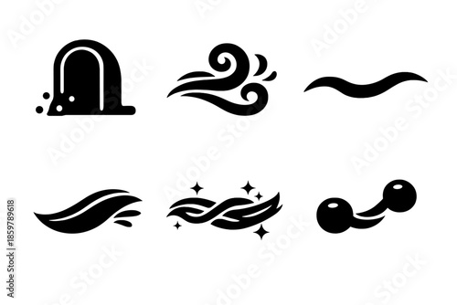 Hidden Current Icons. Solid style icons of Hidden Current: dust gate, wind loop, soft line, flowing arc, luminous thread, gentle