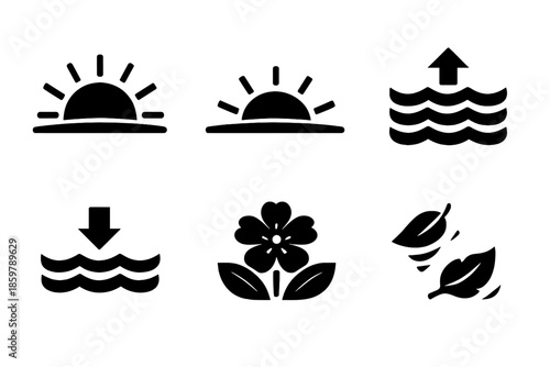 Natural Transition Icons. Solid vector icons of natural transitions: sunrise, sunset, tide rise, tide fall, bloom, leaf fall No