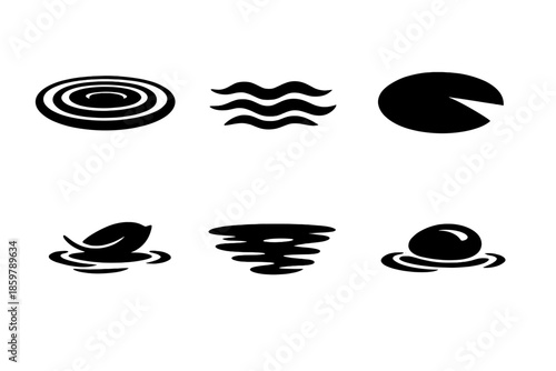 Calm Water Icons. Solid vector icons of calm water surfaces: pond ripple, wavelet, lily pad, floating leaf, reflection, small