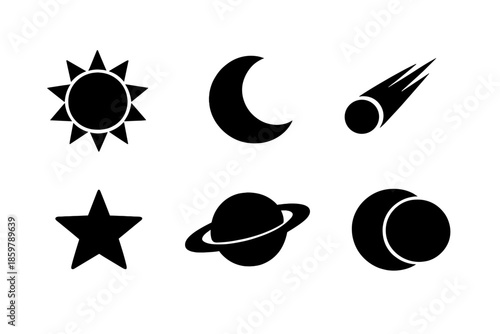 Celestial Bodies Icons. Solid vector icons of celestial bodies: sun, moon, comet, star, planet, eclipse No text, No labels,