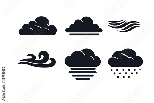 Cloud Vector Icons. Solid vector icons of cloud formations: cumulus, stratus, cirrus, wisp, fog, mist No text, No labels, isolated