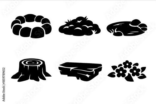 Earth Elements Icons. Solid vector icons of harmonious earth and life: stone circle, moss patch, small pond, tree stump, rock