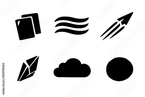 Layered Transparency Icons. Solid vector icons of layered transparency: glass pane, mist layer, vapor trail, prism shard, cloud