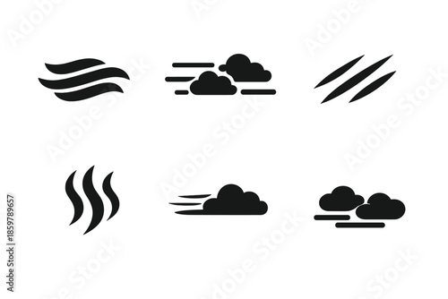 Atmospheric Effect Icons. Solid vector icons of subtle atmospheric effects: mist, fog, haze, vapor, cloud streak, drift No text,