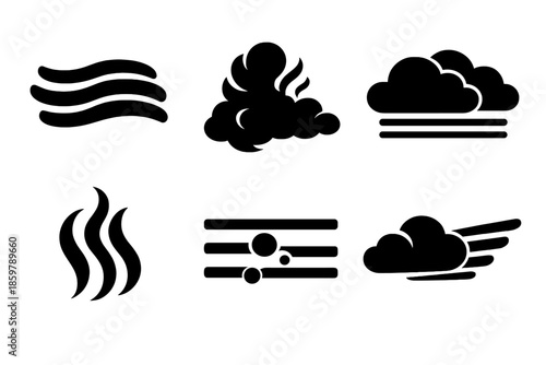 Atmospheric Element Icons. Solid vector icons of atmospheric elements: mist, smoke, fog, vapor, haze, cloud streak No text, No