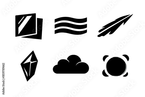 Layered Transparency Icons. Solid vector icons of layered transparency: glass pane, mist layer, vapor trail, prism shard, cloud