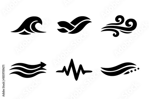Abstract Motion Icons. Solid vector icons of abstract motion: wave, ribbon, gust, current, pulse, drift No text, No labels,