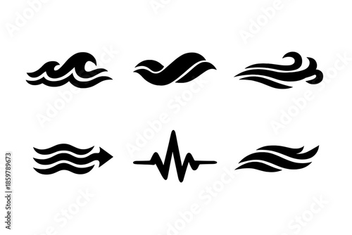 Abstract Motion Icons. Solid vector icons of abstract motion: wave, ribbon, gust, current, pulse, drift No text, No labels,
