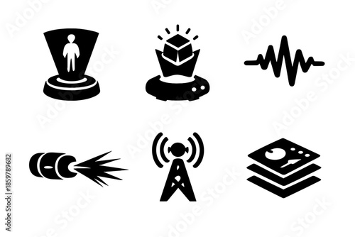 Futuristic Audio Tools Icons. Solid vector icons of futuristic audio tools: hologram, projection, pulse, beam, signal, interface
