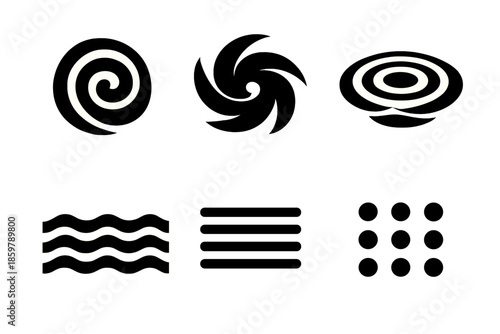 Abstract Seasonal Icons. Solid vector icons of abstract seasonal patterns: spiral, swirl, ripple, wave, line, dot No text, No