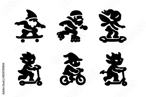 Playful Fantasy Riders. Solid vector icons of playful characters: gnome skateboard, dwarf rollerblade, fairy hoverboard, sprite