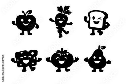 Anthropomorphic Food Icons. Solid vector icons of anthropomorphic foods: smiling apple, dancing carrot, winking bread, laughing