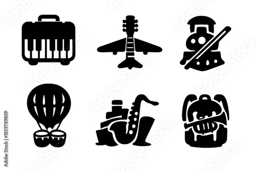 Musical Journey Icons. Solid vector icons of travel and music: suitcase with piano keys, airplane with guitar neck, train with