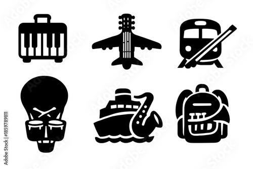 Musical Journey Icons. Solid vector icons of travel and music: suitcase with piano keys, airplane with guitar neck, train with