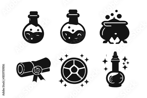 Magic Items Icons. Solid vector icons of potion and spell items: vial, bottle, cauldron, scroll, sigil, elixir No text, No labels,
