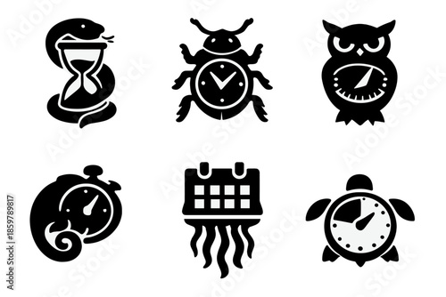 Time Creature Icons. Solid vector icons of time and creatures: hourglass snake, clock beetle, sundial owl, stopwatch chameleon,