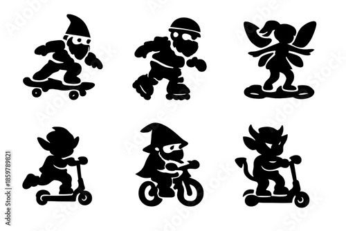 Playful Fantasy Riders. Solid vector icons of playful characters: gnome skateboard, dwarf rollerblade, fairy hoverboard, sprite