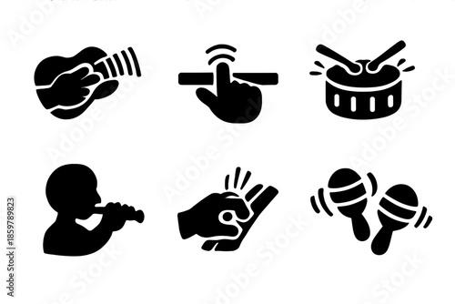 Expressive Music Icons. Solid vector icons of expressive musical gestures: strum, tap, beat, blow, pluck, shake No text, No labels