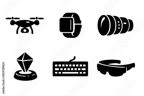 Futuristic Gadget Icons. Solid vector icons of futuristic gadgets: drone, smartwatch, camera lens, hologram, keyboard, augmented