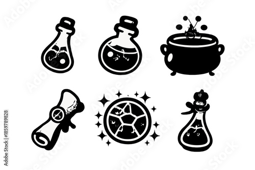 Magic Items Icons. Solid vector icons of potion and spell items: vial, bottle, cauldron, scroll, sigil, elixir No text, No labels,