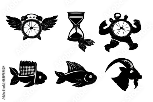 Hybrid Time Creatures. Solid vector icons of hybrid animal-time elements: clock wings, hourglass tail, sundial shell, stopwatch