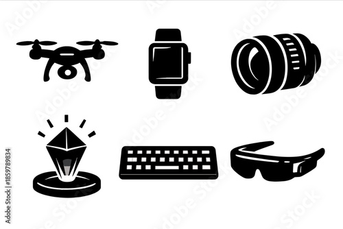 Futuristic Gadget Icons. Solid vector icons of futuristic gadgets: drone, smartwatch, camera lens, hologram, keyboard, augmented