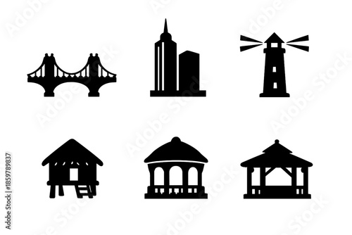 Urban and Rural Structures. Solid vector icons of urban and rural structures: bridge, skyscraper, dome, lighthouse, hut, gazebo No