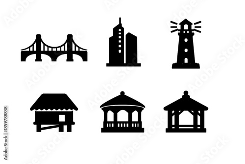 Urban and Rural Structures. Solid vector icons of urban and rural structures: bridge, skyscraper, dome, lighthouse, hut, gazebo No