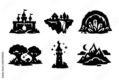 Fantasy Landscape Icons. Solid vector icons of fantasy landscapes: castle, floating island, crystal cave, enchanted forest,