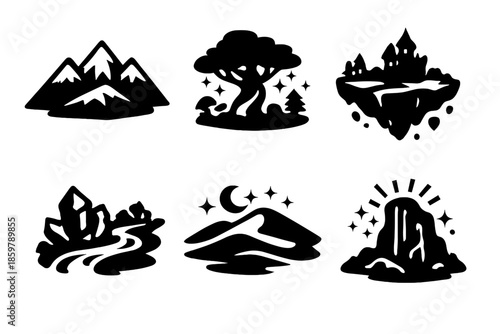 Fantasy Terrain Icons. Solid vector icons of outdoor fantasy terrains: snowy mountain, enchanted forest, floating island, crystal