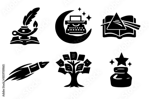 Creative Icon Fusion. Solid vector icons of writers and creatives: quill lamp, typewriter moon, notebook prism, pen comet,