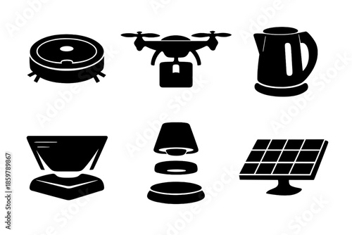 Futuristic Household Gadgets. Solid vector icons of futuristic household gadgets: robot vacuum, drone delivery, smart kettle,