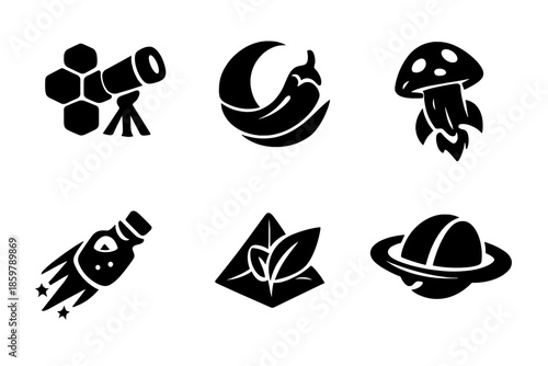 Culinary Space Icons. Solid vector icons of culinary and specialty food: honeycomb telescope, chili moon, mushroom rocket, spice