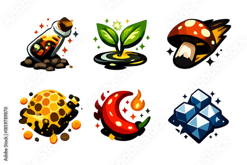Imaginative Food Worlds. Solid vector icons of imaginative food worlds: floating spice vial, glowing tea leaf, comet mushroom,