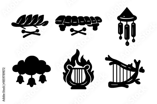 Whimsical Musical Hybrids. Solid vector icons of whimsical musical hybrids: leaf xylophone, stone marimba, water chimes, cloud