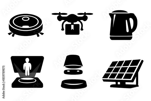Futuristic Household Gadgets. Solid vector icons of futuristic household gadgets: robot vacuum, drone delivery, smart kettle,