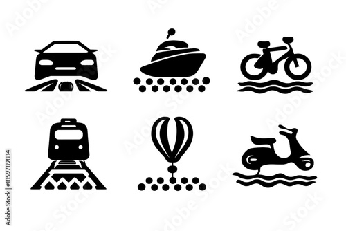 Vehicle Pattern Icons. Solid vector icons of vehicles and patterns: car stripes, boat dots, bike waves, train triangles, balloon