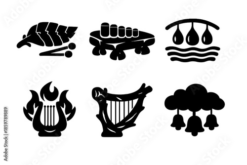 Whimsical Musical Hybrids. Solid vector icons of whimsical musical hybrids: leaf xylophone, stone marimba, water chimes, cloud