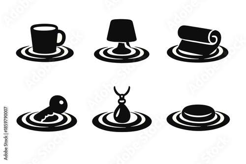 Ripple Effect Icons. Solid style icons of Ripple Effects: cup ripple, lamp ripple, scroll ripple, key ripple, pendant ripple, coin