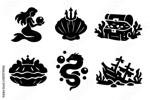 Underwater Mystery Icons. Solid style icons of Underwater Mysteries: mermaid pearl, trident shell, treasure chest coral, clam